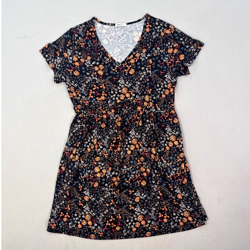 Wiholl Womens Floral V-Neck Empire Waist Short Sleeve Mini Dress Black Orange L